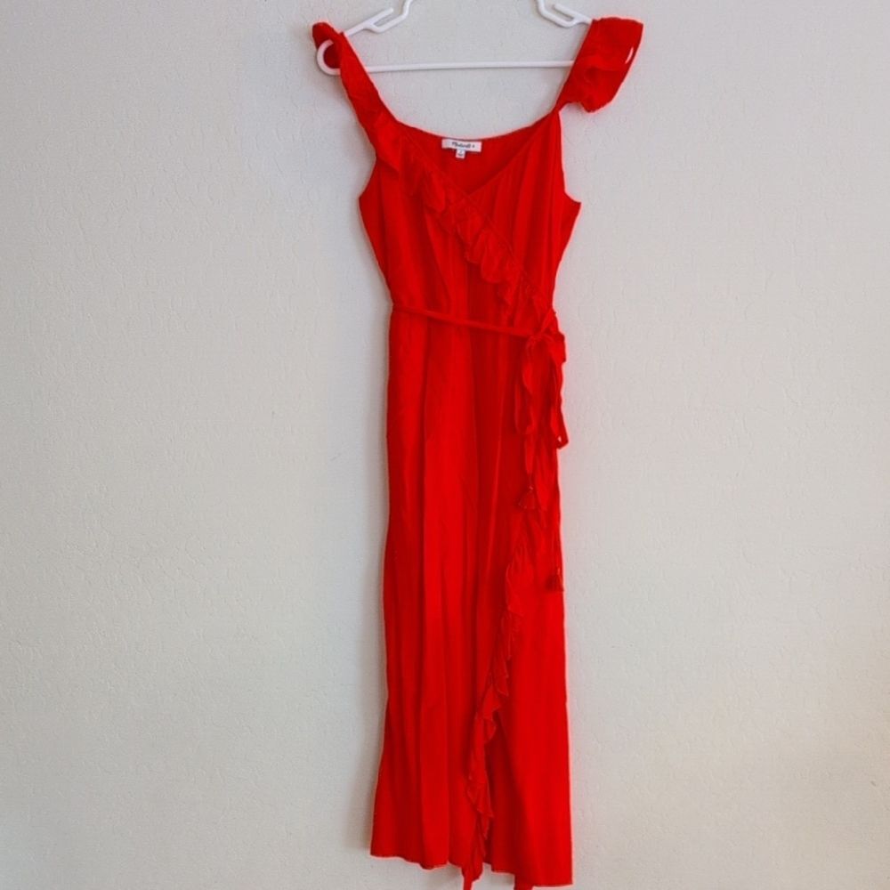 Madewell Ruffle Maxi Faux Wrap Coral Red Pink Orange Asymmetrical Dress - Size 4 - Picture 2 of 13